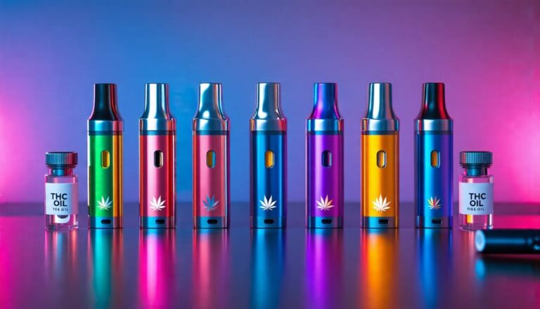 A variety of THC vape cartridges arranged in a flat lay on a sleek surface, showcasing different colors and designs, with a lithium battery and small glass container labeled "THC oil."