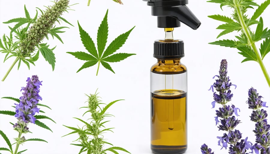 Different herbs suitable for vaping and a bottle of CBD oil