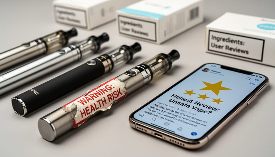 Close-up of damaged cannabis vape pen held in hands showing quality concerns