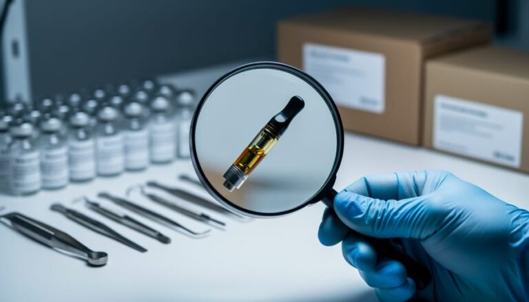 Gloved hand holding a magnifying glass over a cannabis vape cartridge on a lab bench, with blurred sample vials and tools in the background under cool, dramatic lighting.
