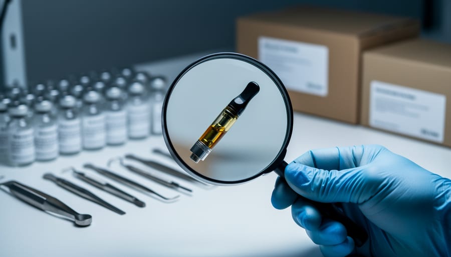 Gloved hand holding a magnifying glass over a cannabis vape cartridge on a lab bench, with blurred sample vials and tools in the background under cool, dramatic lighting.