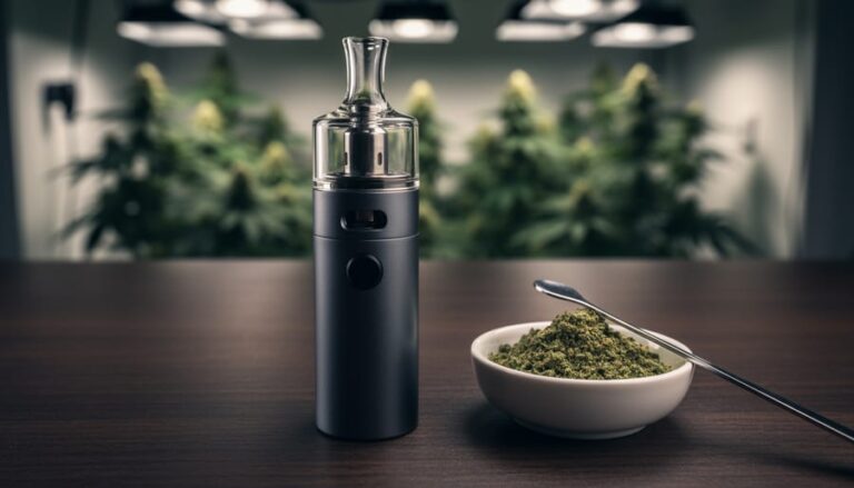 “Close-up of a cannabis vaporizer with temperature control, glass mouthpiece, and ceramic bowl of finely ground herb on a dark wood desk with a softly blurred grow-room background.”
