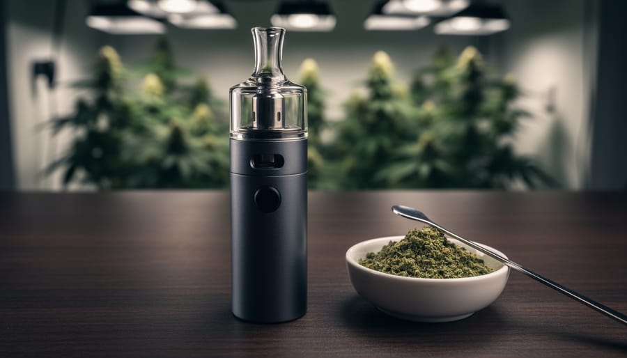“Close-up of a cannabis vaporizer with temperature control, glass mouthpiece, and ceramic bowl of finely ground herb on a dark wood desk with a softly blurred grow-room background.”