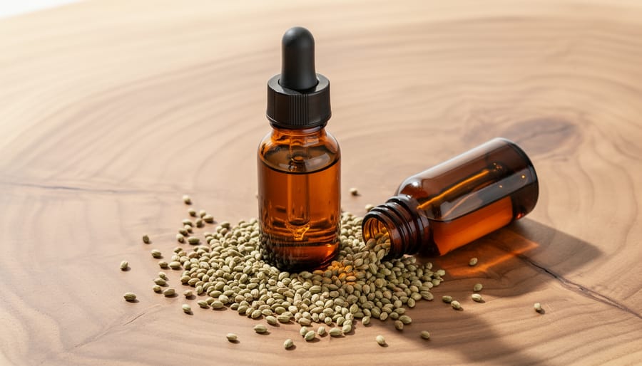 Amber CBD hemp oil dropper bottle with hemp seeds on a wooden surface