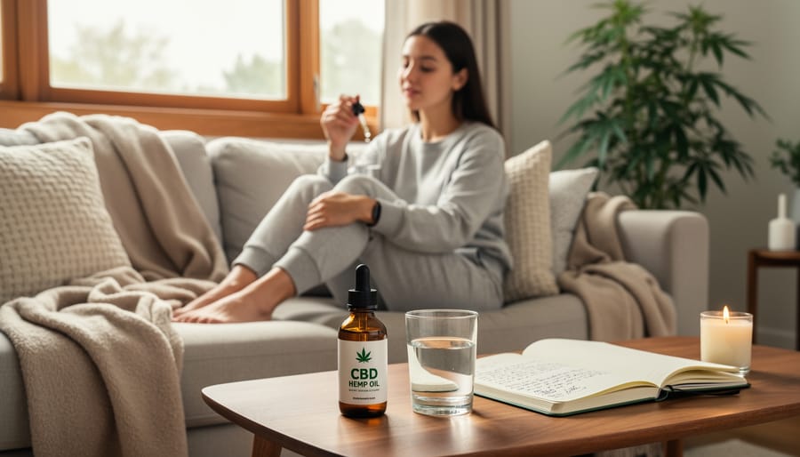 Person holding a CBD hemp oil dropper bottle in a relaxing home setting