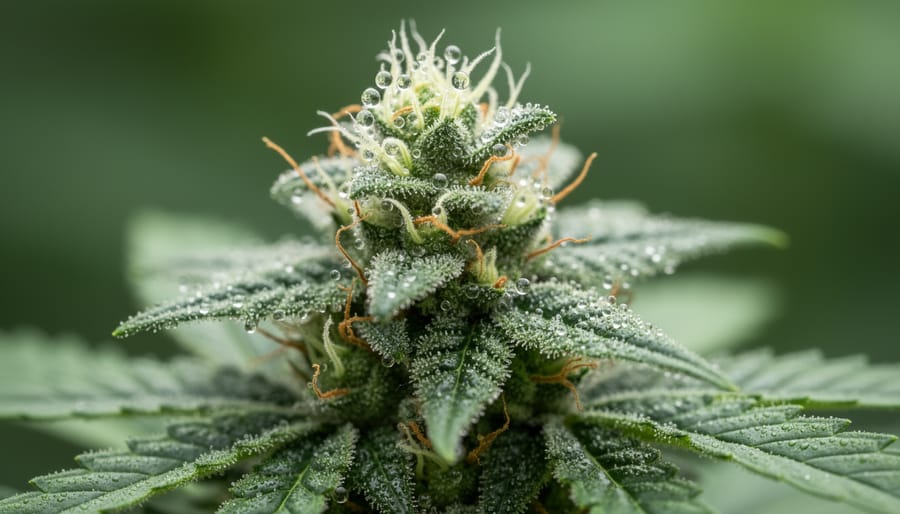 Macro close-up of cannabis flower buds covered with glittering trichomes