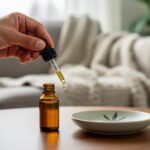 Close-up of a glass CBD hemp oil dropper bottle on a wooden table in a cozy Canadian living room, with subtle cannabis leaf elements in the background.