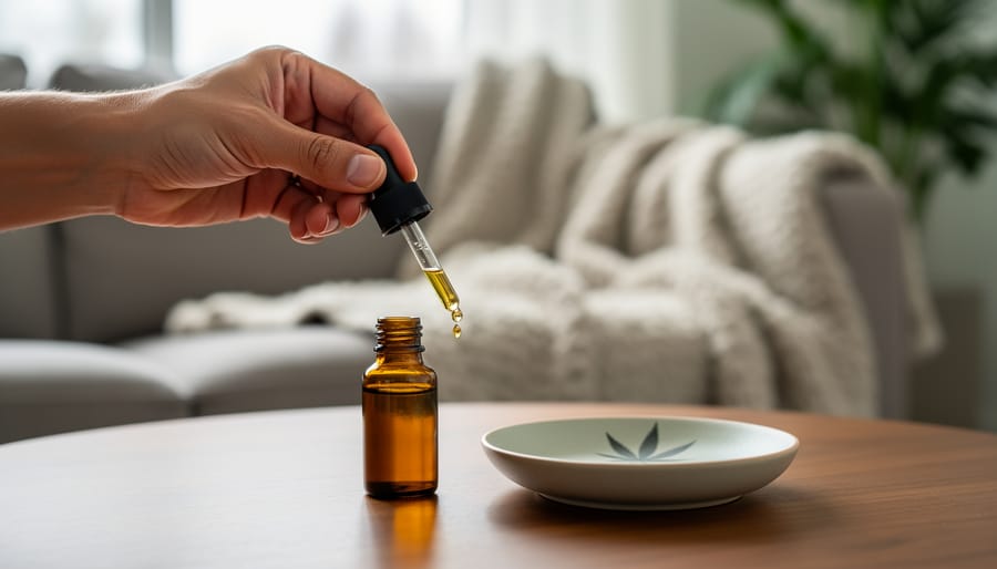 Close-up of a glass CBD hemp oil dropper bottle on a wooden table in a cozy Canadian living room, with subtle cannabis leaf elements in the background.