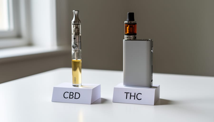 Two minimalist vape devices on a clean countertop representing CBD and THC comparison context.