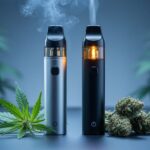 Two vaporizers emitting different colored vapor tones next to cannabis leaves and buds on a dark studio surface.