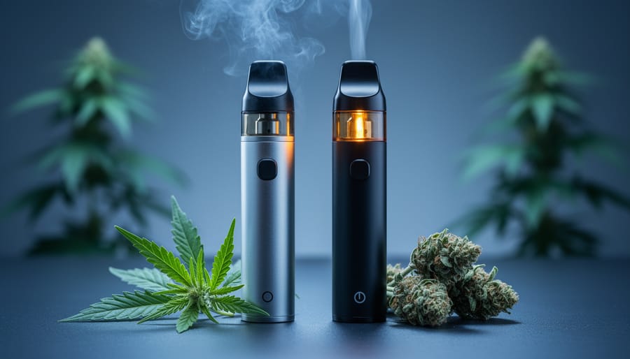 Two vaporizers emitting different colored vapor tones next to cannabis leaves and buds on a dark studio surface.