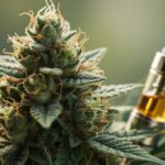 Macro close-up of a trichome-covered cannabis flower bud with blurred green leaves and a glass vape cartridge in the background.