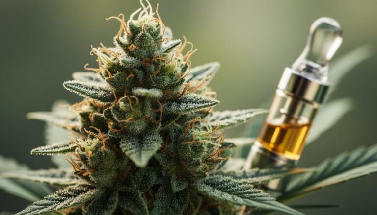 Macro close-up of a trichome-covered cannabis flower bud with blurred green leaves and a glass vape cartridge in the background.