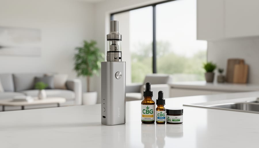 Glass vape device on a tabletop with soft indoor lighting