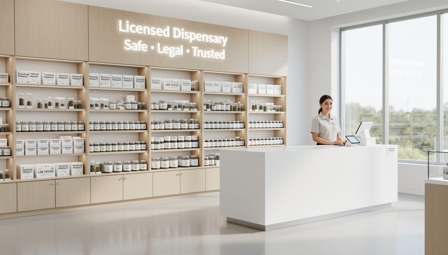 Person browsing products in a clean, modern licensed cannabis retail environment