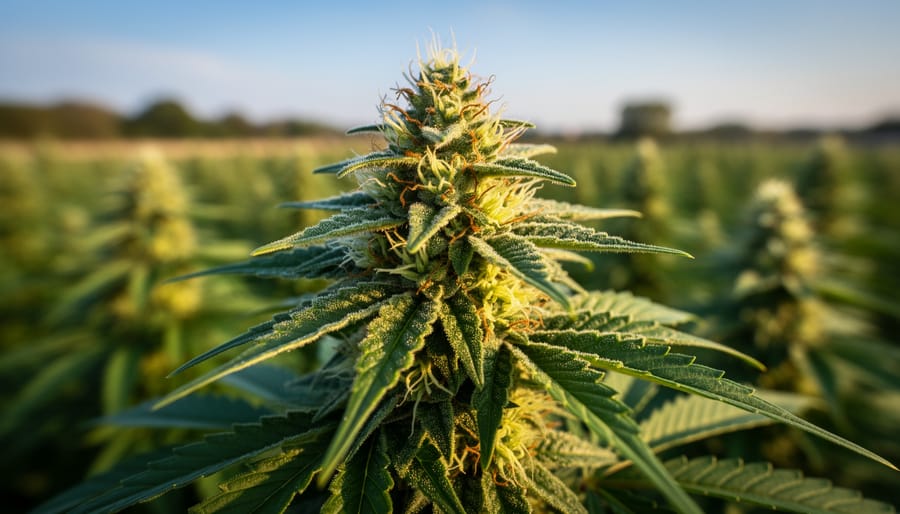 Cannabis plant growing in soil under warm golden sunlight