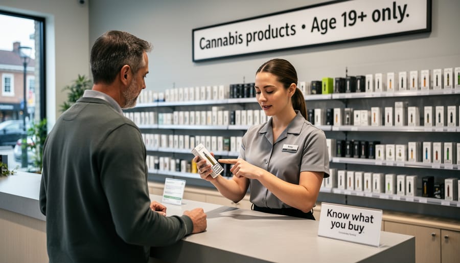 Retail staff member handing a sealed cannabis vaporizer box to a customer at an indoor counter