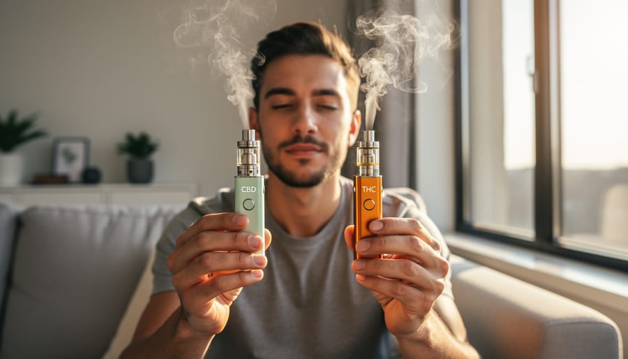 Person holding a vape pen near a window in natural light, illustrating user experience context.