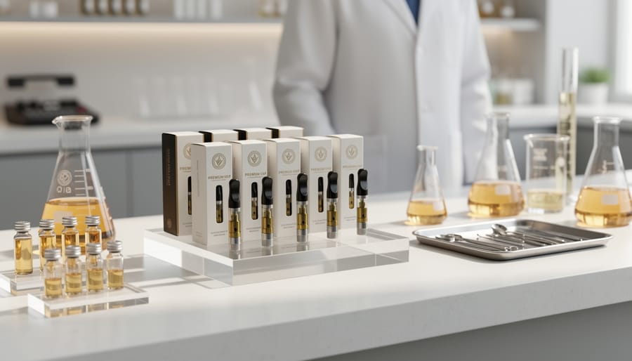 Vape cartridges displayed in a clean retail setting with lab-style materials in the blurred background.