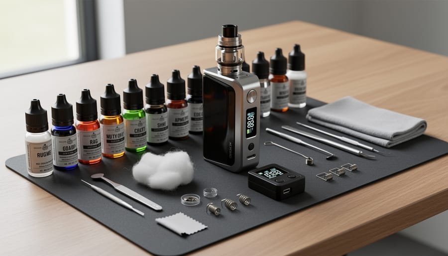 Person holding a temperature-controlled vaporizer with cannabis flower and a grinder on a table