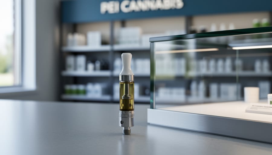 “Close-up of a cannabis vape cartridge beside a display case in a modern PEI retail setting.”