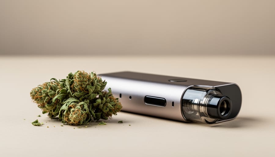 A hemp-derived cannabis vape disposable pen next to dried hemp flower on a wooden desk