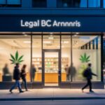 Dusk exterior of a Burnaby BC Cannabis Store storefront with warm interior light and blurred customers in front.