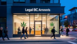 Dusk exterior of a Burnaby BC Cannabis Store storefront with warm interior light and blurred customers in front.