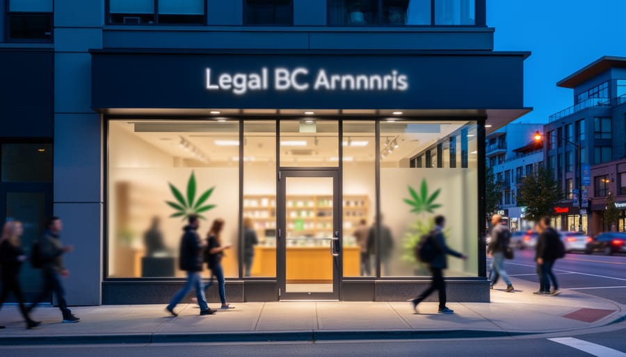 Dusk exterior of a Burnaby BC Cannabis Store storefront with warm interior light and blurred customers in front.