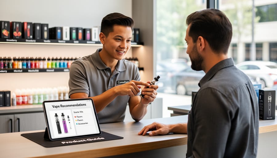 Budtender handing a vape product to a customer in a dispensary while shelves are softly blurred behind