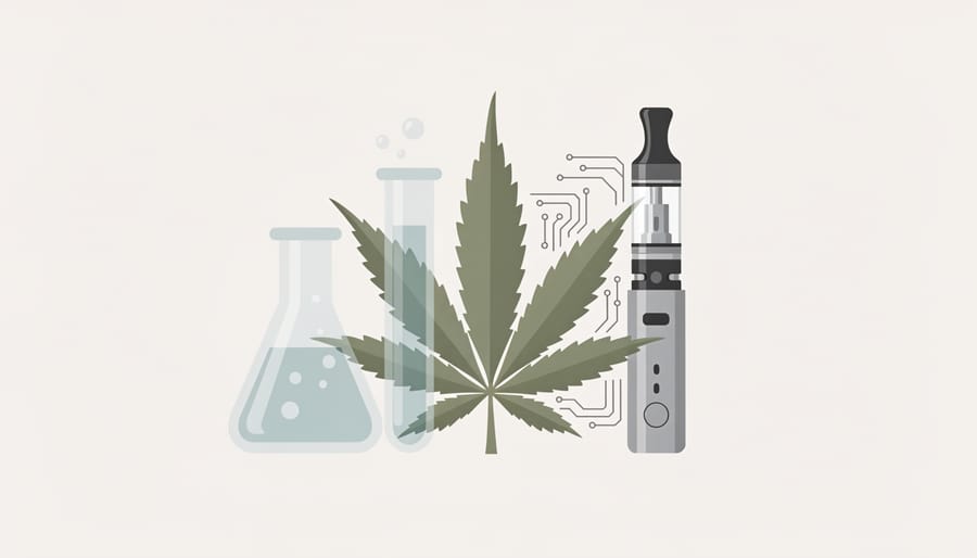 Close-up of a cannabis flower bud on a stainless steel surface with a vape pen and glassware nearby in a lab-like setting.