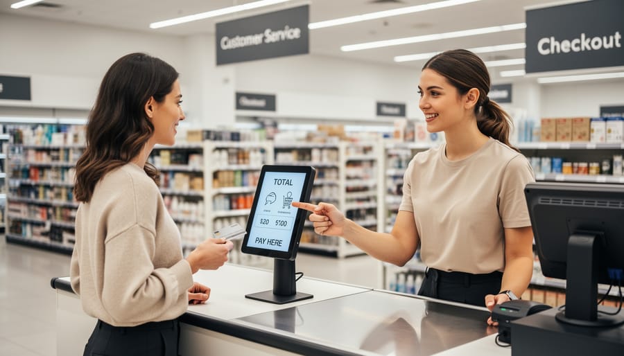 Customer and staff member speaking at the checkout counter inside a cannabis retail store