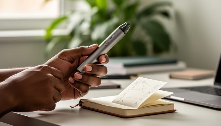 Close-up medium shot of hands holding a cannabis vaporizer next to a notebook on a desk with soft greenery in the background, illustrating a learning framework for vaping.