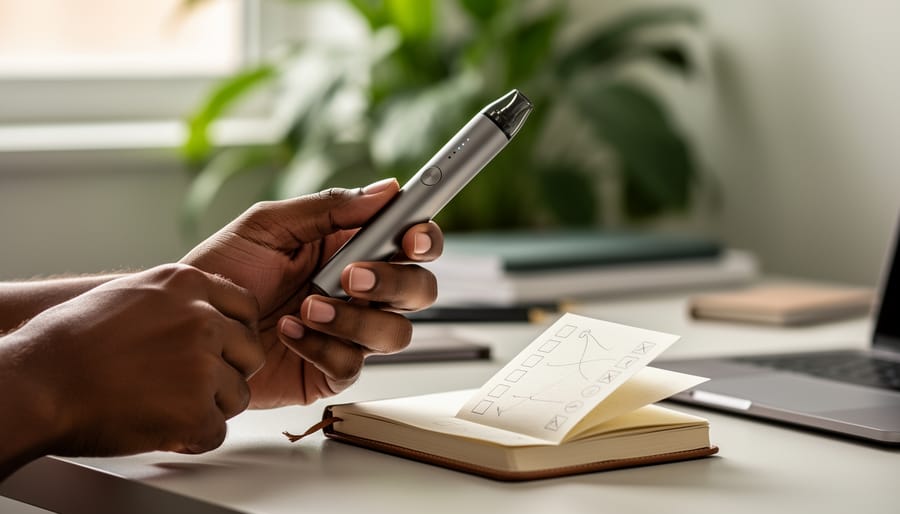 Close-up medium shot of hands holding a cannabis vaporizer next to a notebook on a desk with soft greenery in the background, illustrating a learning framework for vaping.