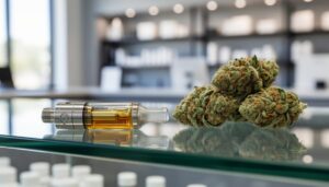 Close-up of a 510-thread vape cartridge resting beside cured cannabis flower buds on a glass counter in a modern dispensary setting.