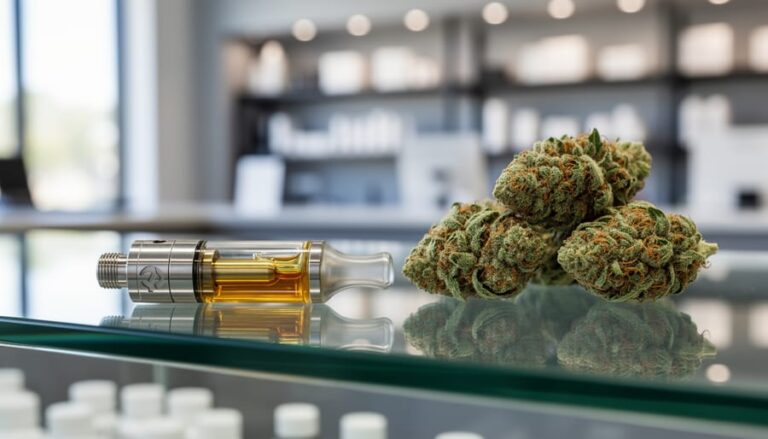 Close-up of a 510-thread vape cartridge resting beside cured cannabis flower buds on a glass counter in a modern dispensary setting.