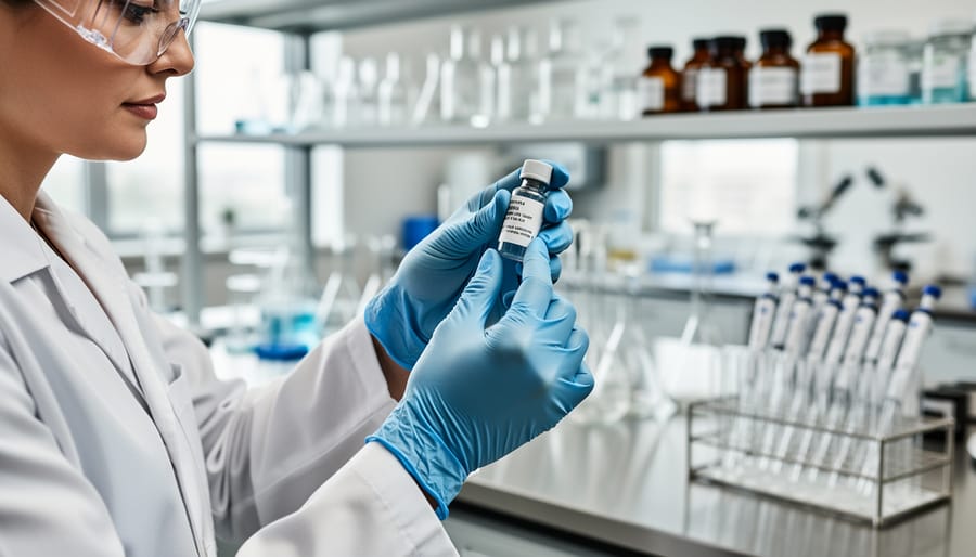 Gloved hands placing a vape cartridge near lab equipment on a stainless steel workbench