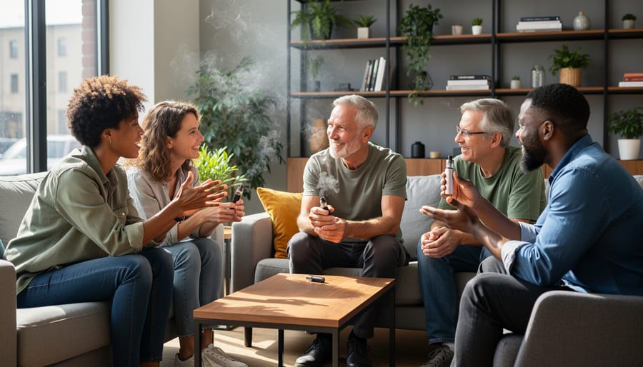 Group discussion in a cannabis community setting with a product display case in the background, showing hands and faces engaged in learning.