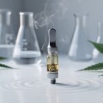 Close-up of a sleek hemp-derived vape cartridge on a clean lab surface with subtle vapor and blurred glassware and hemp leaves in the background.