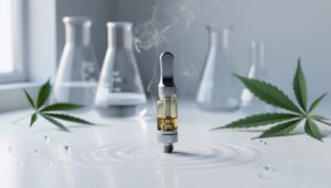 Close-up of a sleek hemp-derived vape cartridge on a clean lab surface with subtle vapor and blurred glassware and hemp leaves in the background.