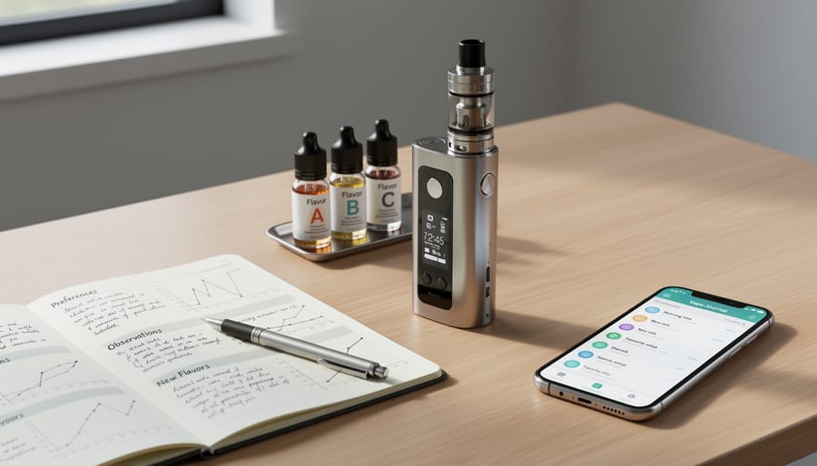Person’s hands arranging a cannabis vape device, cartridges, and a blank notebook on a wooden table for personal experimentation and tracking.