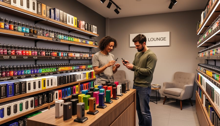 Shopper browsing cannabis vape products in a well-lit retail aisle with shelves in the background