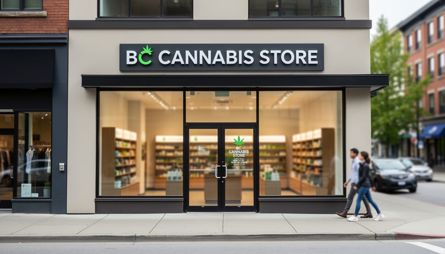 Street-level exterior of a modern cannabis retail store storefront with large windows and an entrance