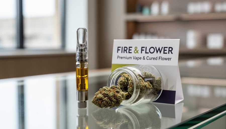Vape cartridge and cannabis flower bud on a clean glass display counter in a retail setting