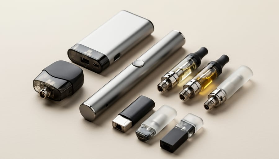 Vape cartridges and a vape device on a clean countertop with a blurred retail background