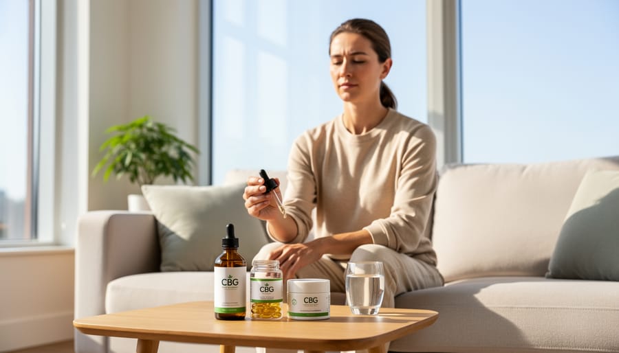 Person practicing slow breathing beside a softly glowing diffuser in a dimly lit room.