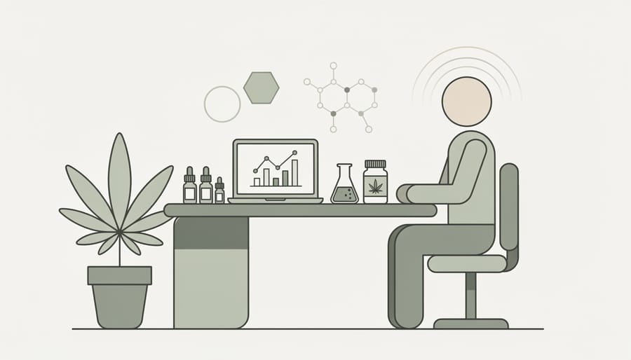 Cannabis plant near an orderly workspace with clear glassware and a dropper in soft indoor light