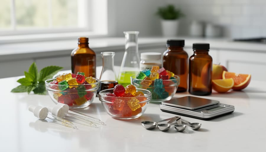 Amber dropper bottle and unlabeled clear containers of herbal ingredients on a clean apothecary-style surface