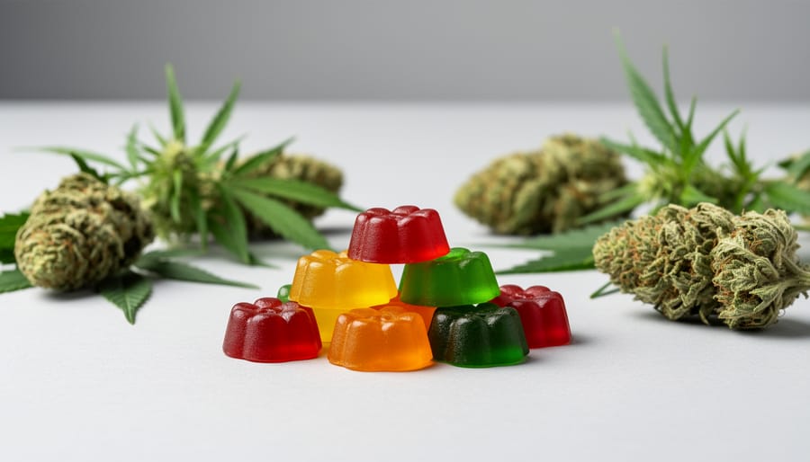 Cannabis gummies in a glass dish with cannabis flowers and leaves nearby on a kitchen counter