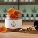 Close-up of amber cannabis gummies in a glass jar with a dropper on a wood surface, styled to suggest CBC edible cannabis.